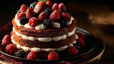 Cake With Berries And Whipped Cream On A Plate Stock Image Image Of Slice Whipped 317211885