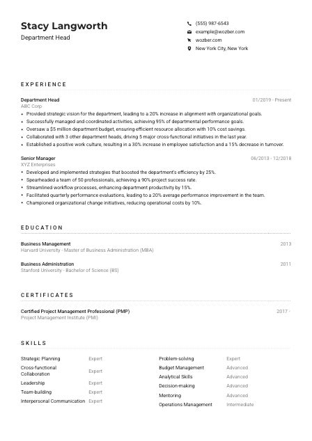 Department Head Resume Example