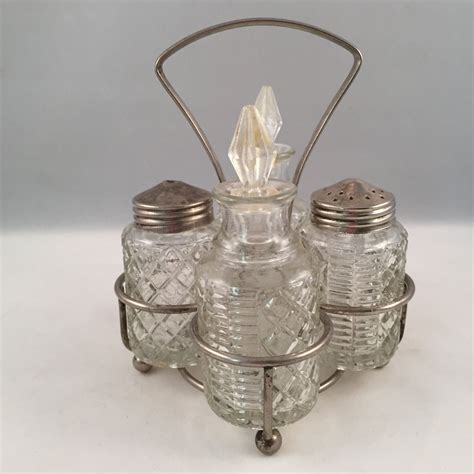 Salt Pepper Oil Vinegar Cruets In Caddy Crystal Glass Set