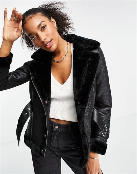 River Island Faux Fur Panelled Biker Jacket In Black Aviator Jackets