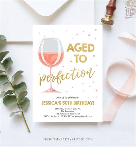 Editable Aged To Perfection Birthday Invitation Pink Rose Wine Etsy