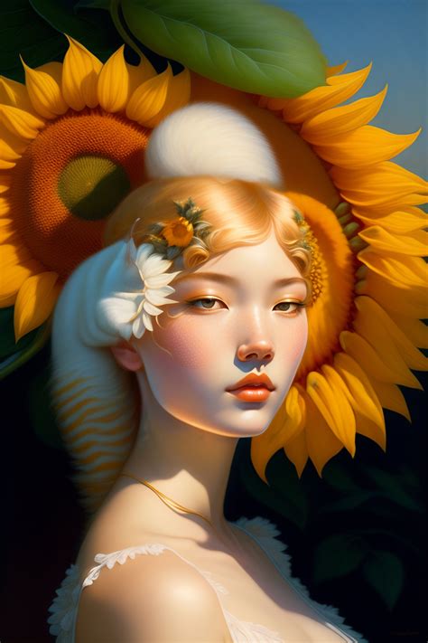 Lexica White Cat Girl Botanical Sunflower Portrait Face Colorful