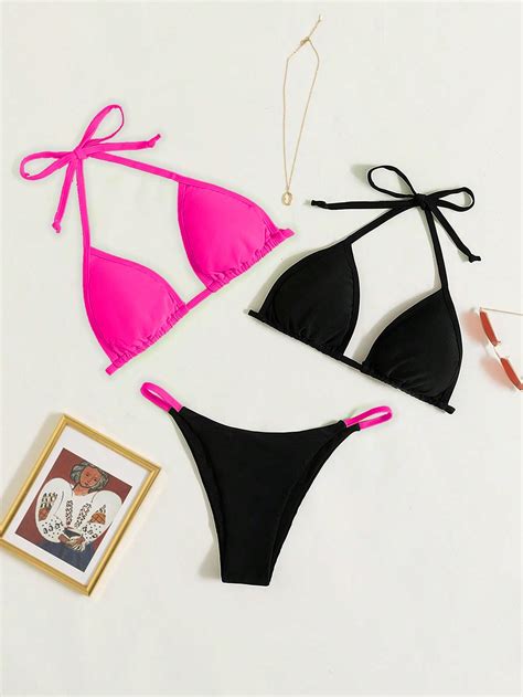 Colorblock Halter Triangle Bikini Swimsuit Shein Usa