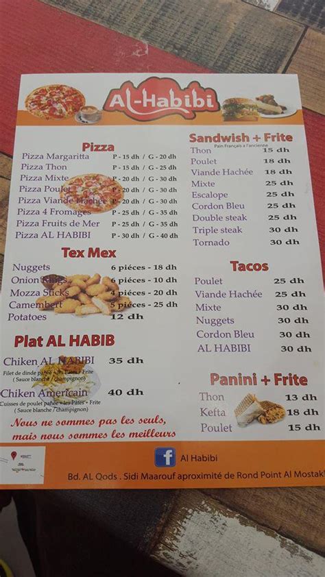 Menu at Al habibi restaurant, Casablanca