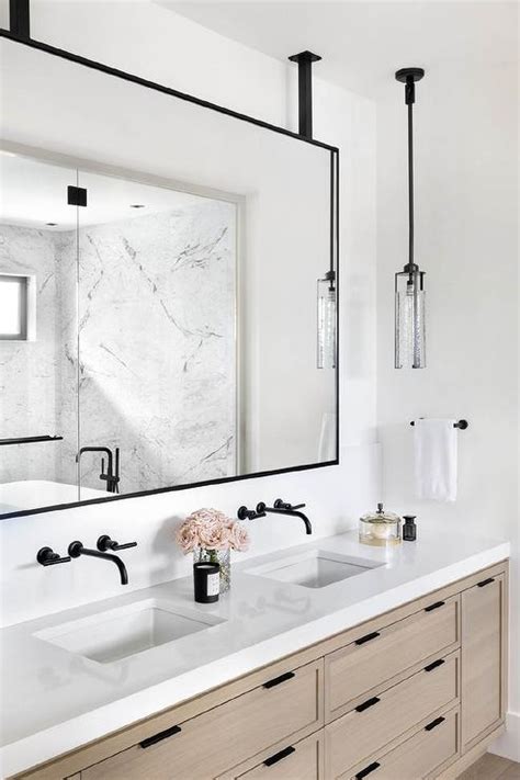 Light Brown Brushed Oak Double Vanity With Black Framed Mirror