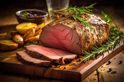 Premium Ai Image Roast Beef With Rosemary And Potatoes On A Wooden Board