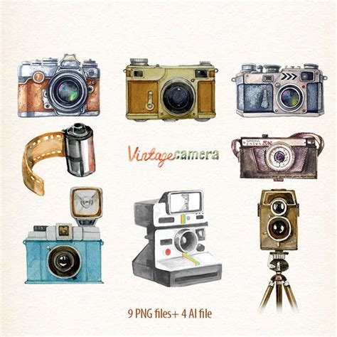 Vintage Camera Clipart Retro Watercolor Cameras Photo Film Vector