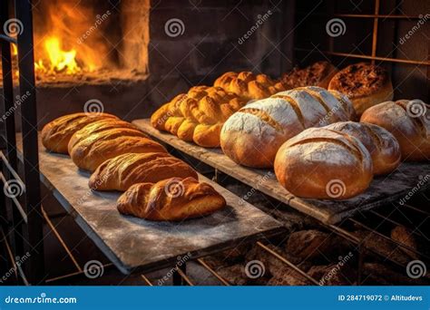 Assorted Bread Loaves Cooling On A Rack By Stone Oven Stock Photo