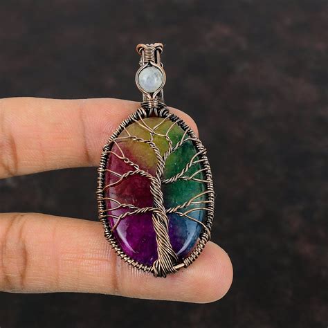 Tree Of Life Rainbow Solar Quartz Druzy Pendant Copper Wire Wrapped