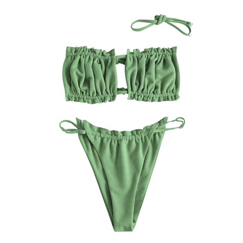 ZAFUL Textured Ruffle High Cut Bralette Bikini Swimwear Two Piece