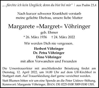 Traueranzeigen von Margarete Vöhringer stuttgart gedenkt de