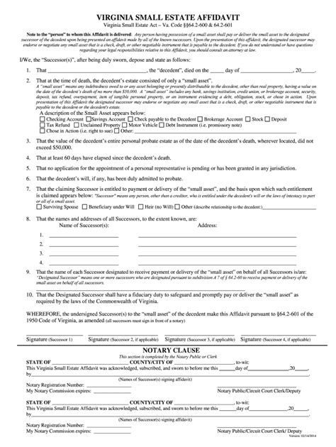 Fillable Online Virginia Small Estate Affidavit Official Website Fax