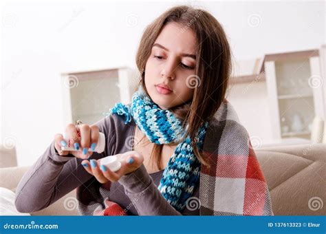 The Sick Young Woman Suffering At Home Stock Image Image Of Couch