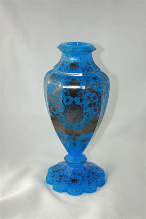 Antique French Blue Opaline Glass Vase Hand Blown With Hand Painted