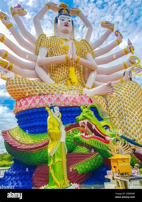 Colorful Huge Eighteen Arm Statue Of The Goddess Guan Yin In Wat Plai