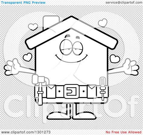 Outline Clipart Of A Cartoon Black And White Loving Home Improvement