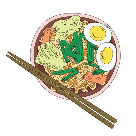A bowl of ramen and chopsticks. Sketch. Vector illustration. Chicken