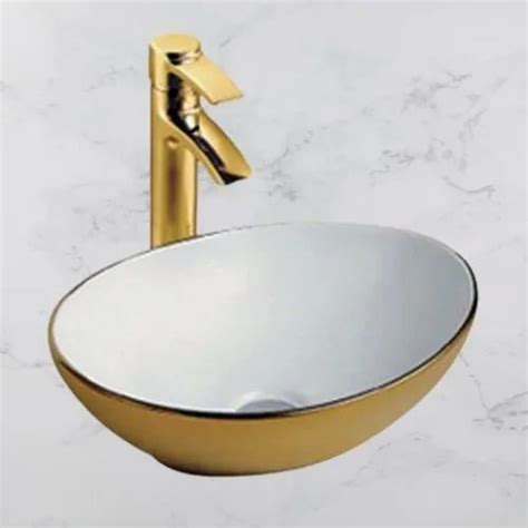 Spiral Ceramic Golden White Designer Table Top Wash Basin 18x23 Inch