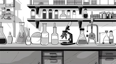 Science lab flat design side view experimental cartoon drawing black ...