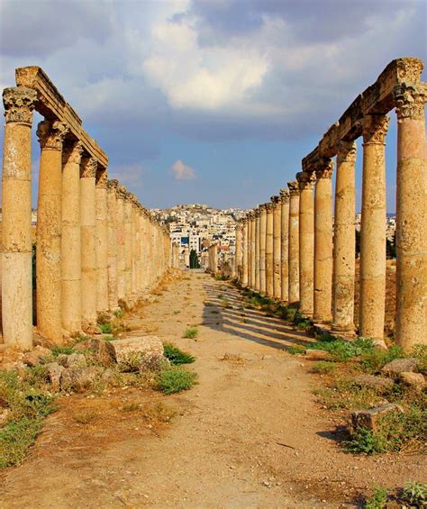 Columns Of The Ancient Oval Plaza Jerash In Amman Jordan Stock Image