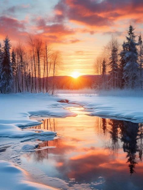 Premium Ai Image Winter Landscape With A Sunset And A Reflection Of Trees