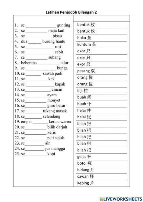 Latihan Penjodoh Bilangan 1a Worksheet Live Worksheets