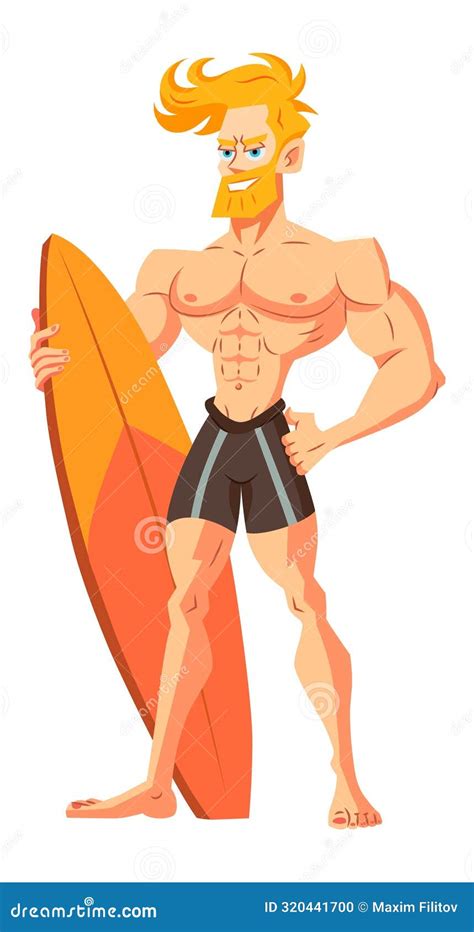 Surfer Cartoon Character Illustration Cool Bearded Guy In Swimming