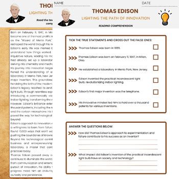 Thomas Edison Biography Reading Comprehension Famous Inventors Reading