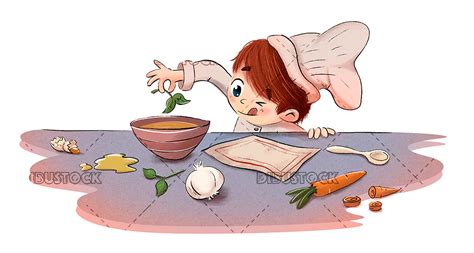 Niño Cocinando Con Ingredientes En La Cocina Dibustock Ilustraciones