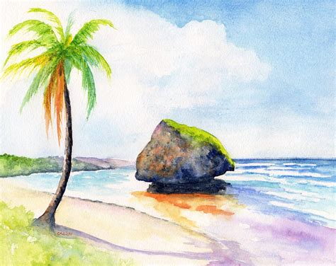 Barbados Bathsheba Beach Watercolor Painting by Carlin Blahnik ...