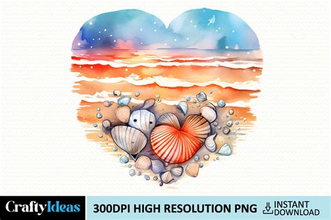 Retro Beach Heart Watercolor Clipart Graphic By CraftyIdeas Creative