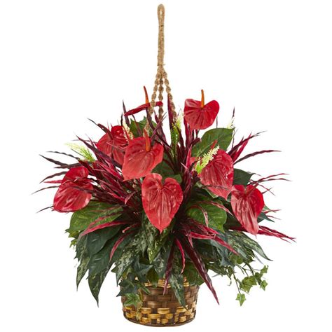 Mixed Anthurium Hanging Basket Artificial Plant Nearly Natural