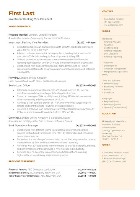 Investment Banking Vice President Resume Examples For Resume Worded