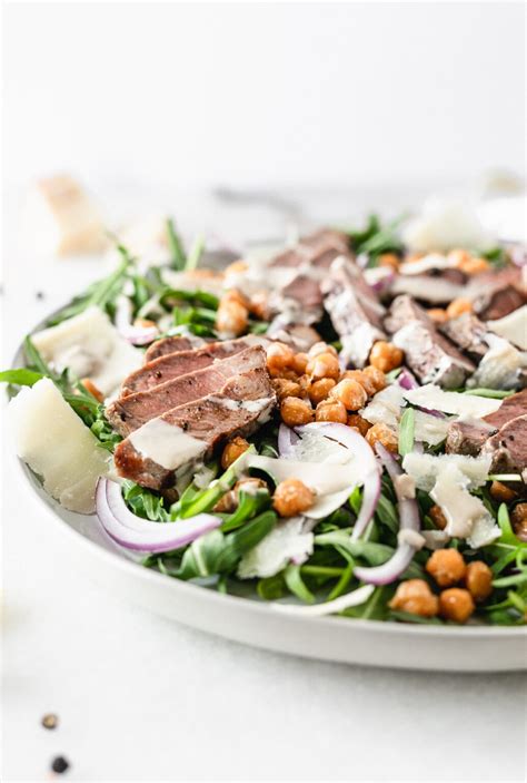 Arugula Steak Salad With Garlic Roasted Chickpeas And Tahini Dressing Lively Table