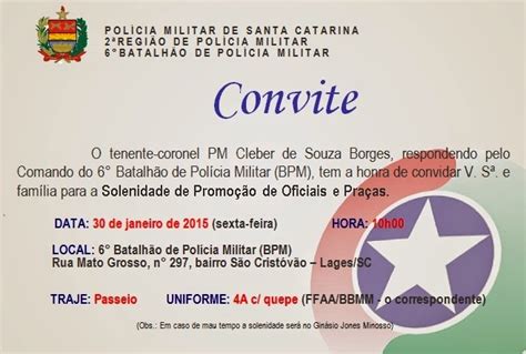 Convite Batalh O De Pol Cia Militar De Lages