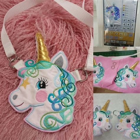 A Pink Unicorn Purse With Gold Horn And Stars On It Next To Two