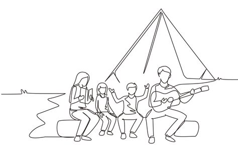 Single one line drawing family fun at summer camping spending time ...