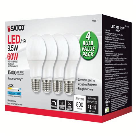 4pk Satco 95w 120v A19 Led Bulb E26 Base 5000k Natural Light 60w Bulbamerica