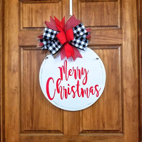 Merry Christmas Round Wood Door Hanger Buffalo Plaid Front Etsy