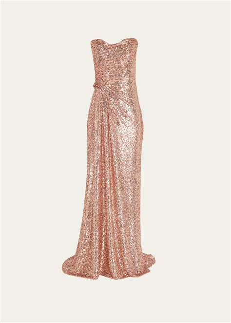 Monique Lhuillier Sequin Embellished Strapless Draped Gown Bergdorf