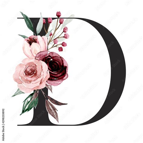 Alphabet Letter D With Watercolor Flowers And Leaf Floral Monogram