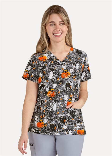 Koi Basics Koi Artist Series Rosalie Purry Leaves V Neck Print Scrub