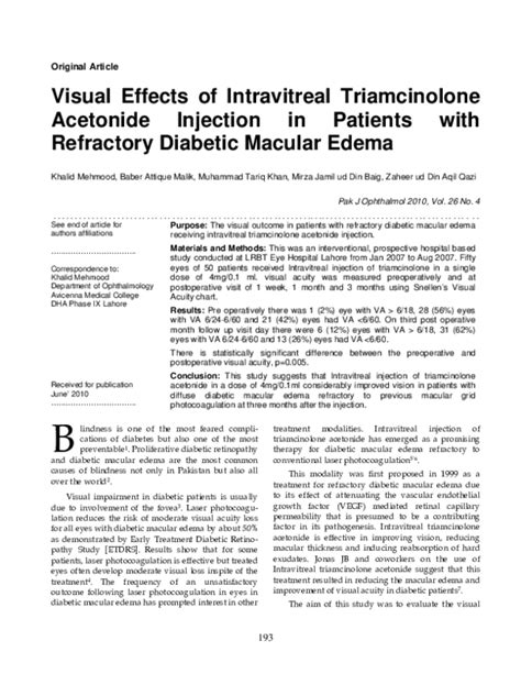 Pdf Visual Effects Of Intravitreal Triamcinolone Acetonide Injection In Patients With