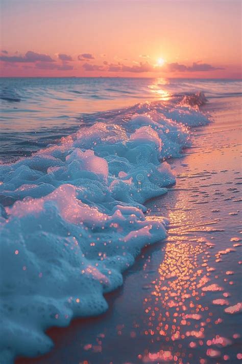 Gentle Waves Lapping At A Sandy Beach Under A Pastel Sunset Stock Photo