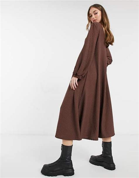 Asos Design Textured Smock Midi Dress With V Neck In Chocolate Brown Asos