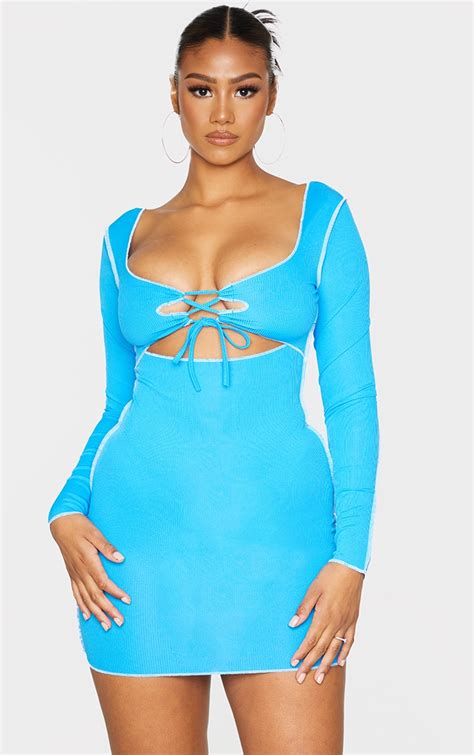 Blue Rib Stitch Tie Long Sleeve Bodycon Dress Prettylittlething Aus