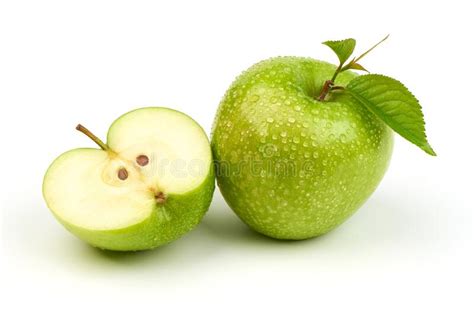 Whole Green Apple Granny Smith With Leaf And Half Isolated On White