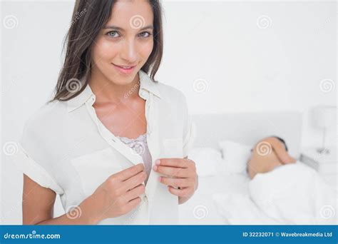 Portrait Of A Woman Sneaking Out Of Bed Stock Image Image Of Asleep Brunette