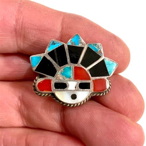 Vintage Zuni Sun Face Inlay Sterling Silver Earrings Gem