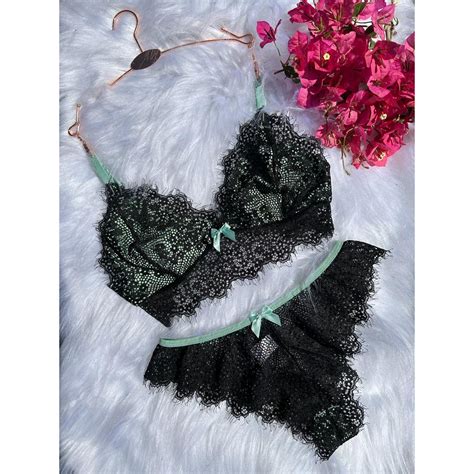 Conjunto Feminino Lingerie Sutia Calcinha Bicolor Renda Fecho